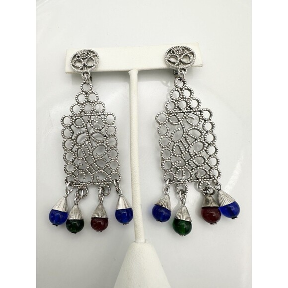 Vintage Silver Crown Trifari Filigree Glass Beaded Clip On Drop Earrings - Picture 2 of 8